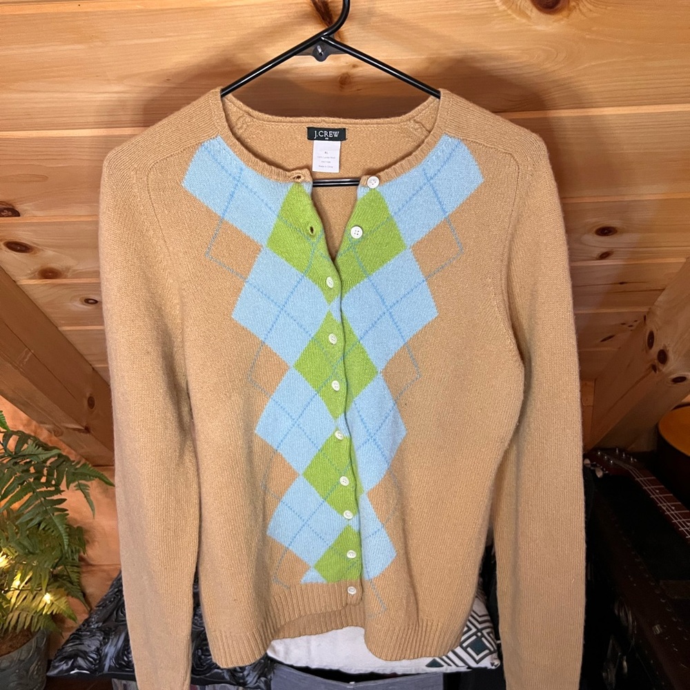 J. Crew Camel Cardigan with Blue and Green Argyle